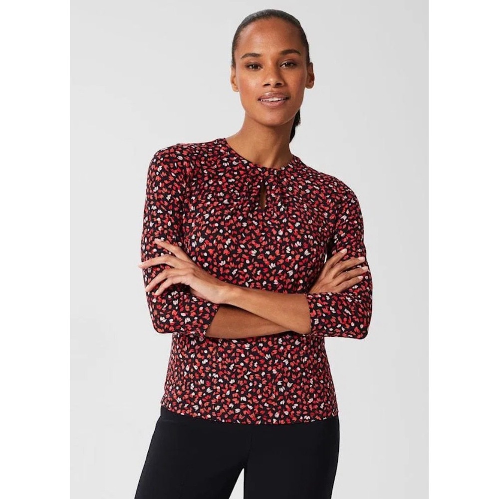 Hobbs London Julia Printed Top Red Pink Floral 3/4 Sleeve Blouse Office Size S